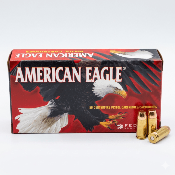 American Eagle 40 S&W 180gr FMJ ammunition box with cartridges