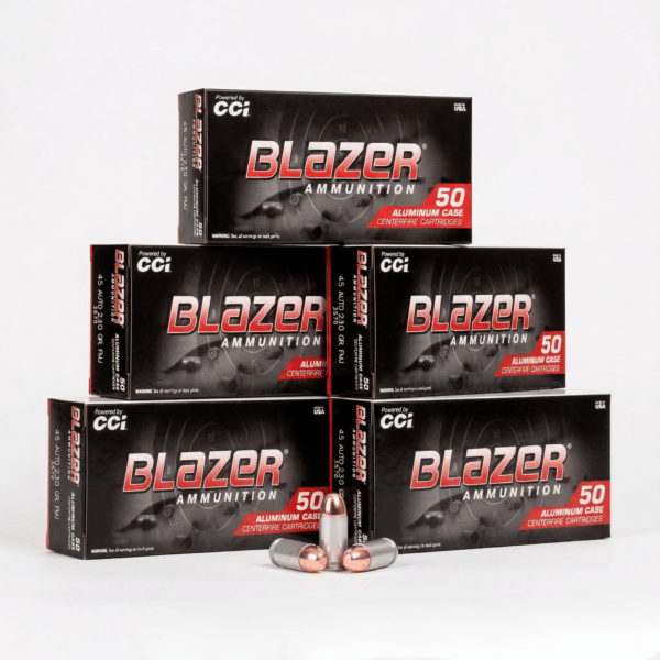 Blazer 45 ACP 230gr FMJ aluminum-case bulk ammo – 250 rounds