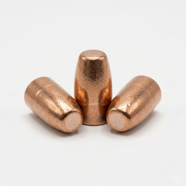 Three CWA 9mm 100gr Frangible Bullets for reloading on a white background.