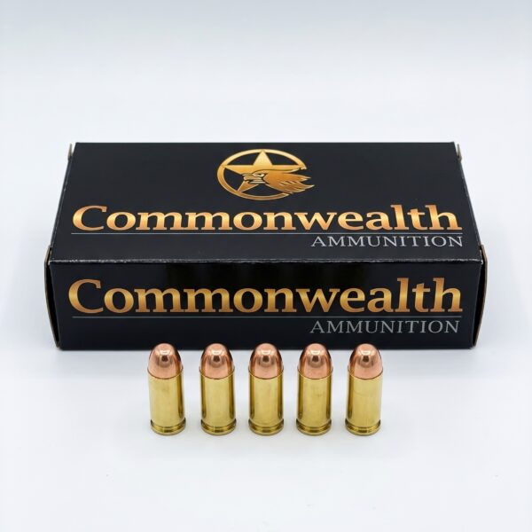Commonwealth Ammunition 40 S&W 180gr CMJ box with five cartridges