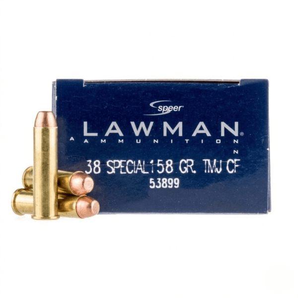 Speer Lawman 38 Special 158 Grain TMJ Clean-Fire ammo box and cartridges