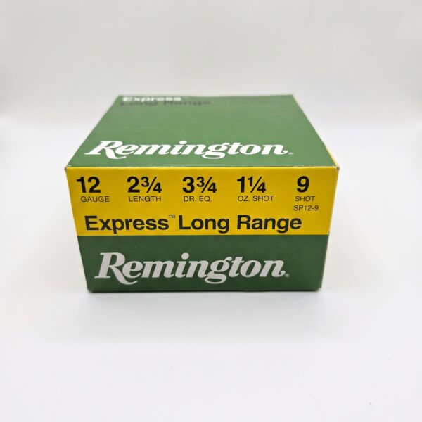 Remington Express Long Range 12 Gauge 2-3/4 inch high brass 1-1/4 oz 9 shot ammunition box on clean studio background