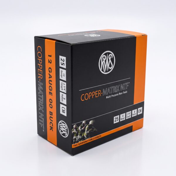 RWS Copper-Matrix NTF 12 Gauge 2-3/4 inch 8 pellet 00 buck frangible shotgun ammunition 25 round box on white studio background