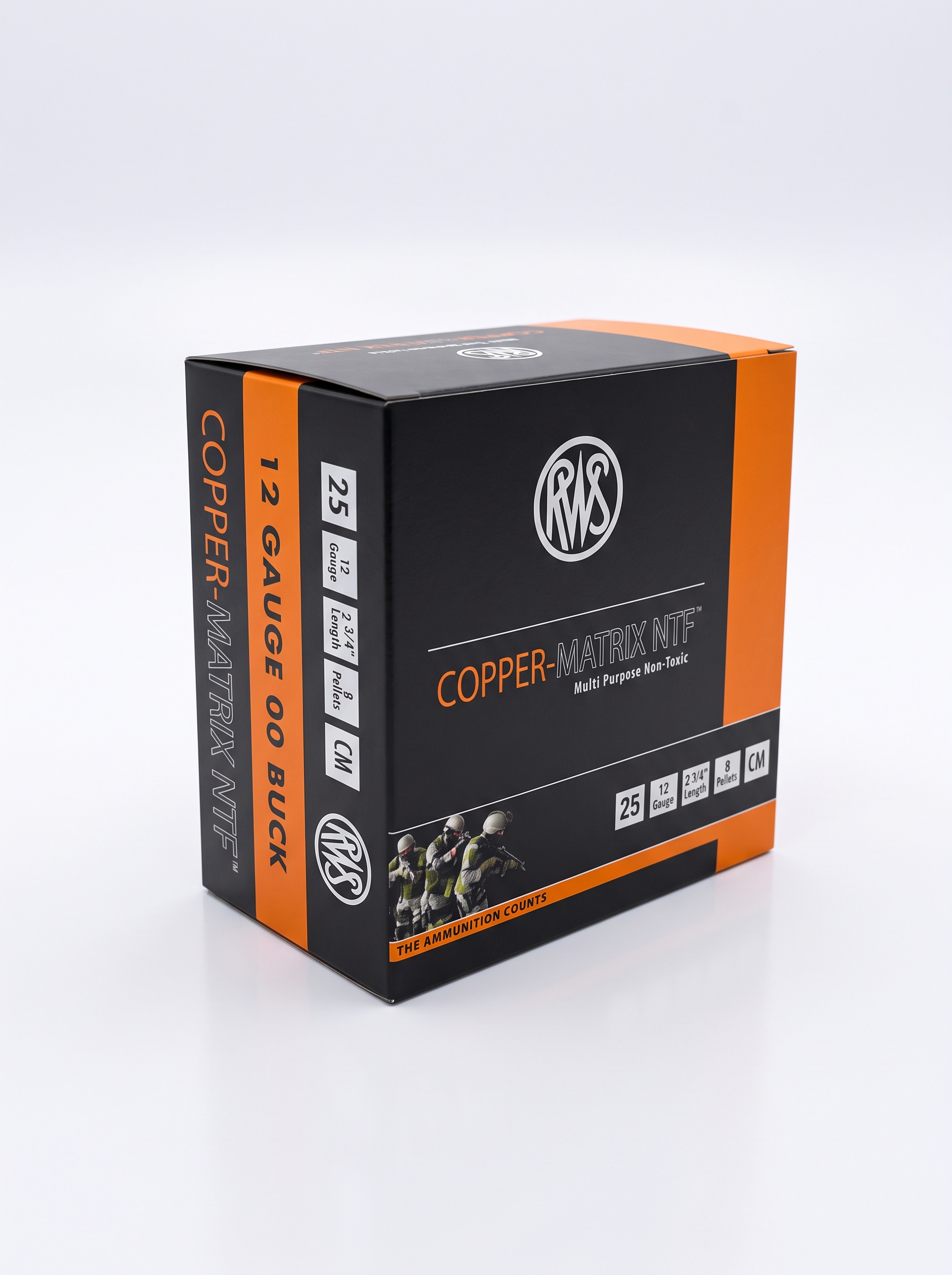 RWS Copper-Matrix NTF 12 Gauge 2-3/4 inch 8 pellet 00 buck frangible shotgun ammunition 25 round box on white studio background