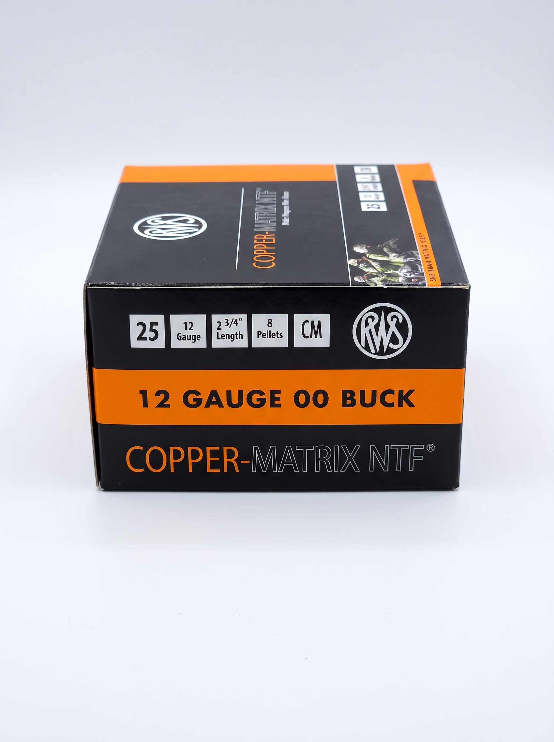 Image of a box of RWS Copper-Matrix NTF 12 Gauge 2-3/4 inch 8 pellet 00 buck frangible shotgun ammunition 25 round box on white studio background
